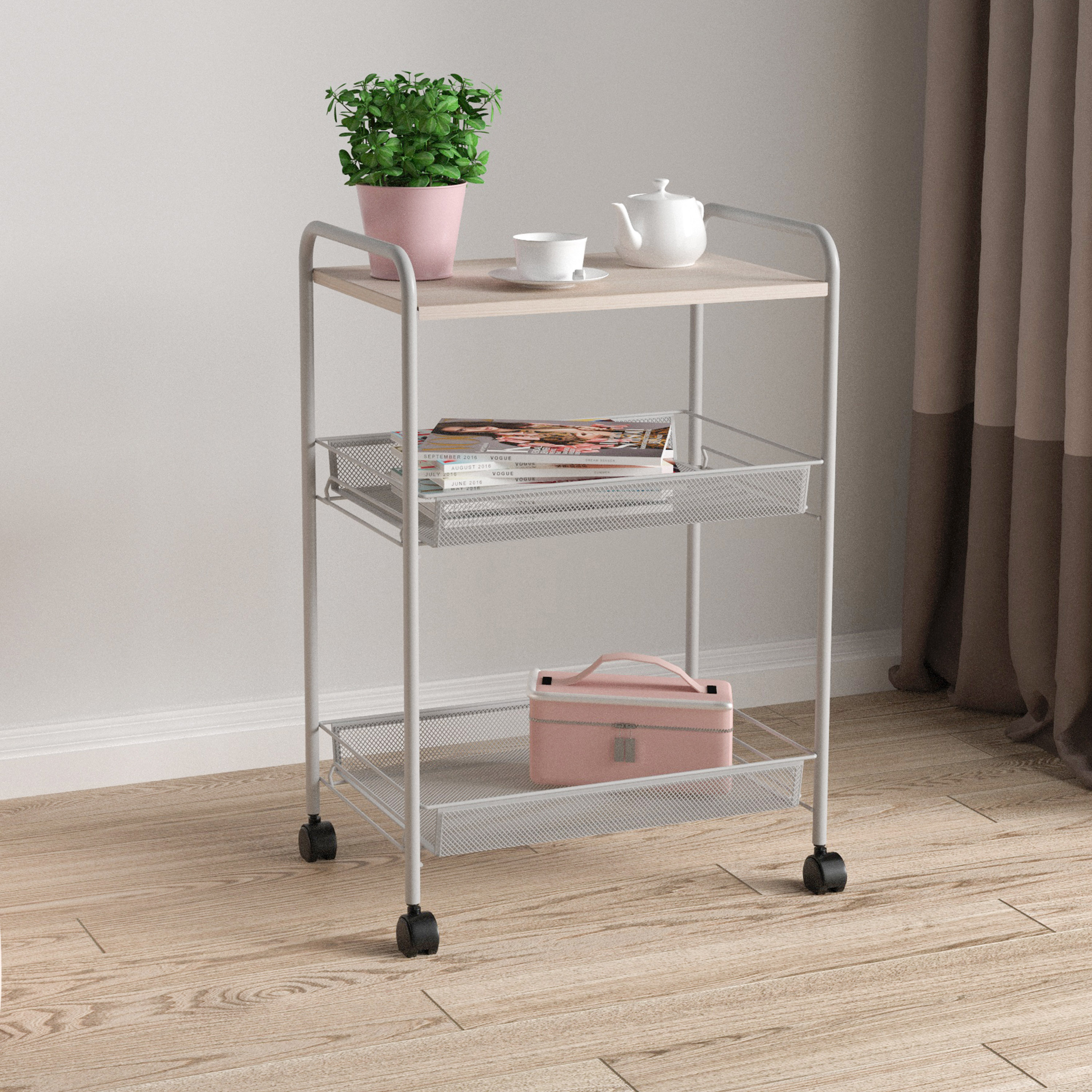 Этажерка "Ладья 33 КС (колес и стол под дер)Серый 3секц