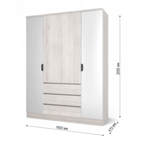 ВЕНСЕН Шкаф 4-х дв, 3 ящ/Стандарт-Зеркало/Сосна Лофт