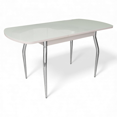 Стол ПГ-01 СТ 1100(1420)*700, ЛДСП Белое, Стекло Белое/нога ГНУТАЯ хром 4